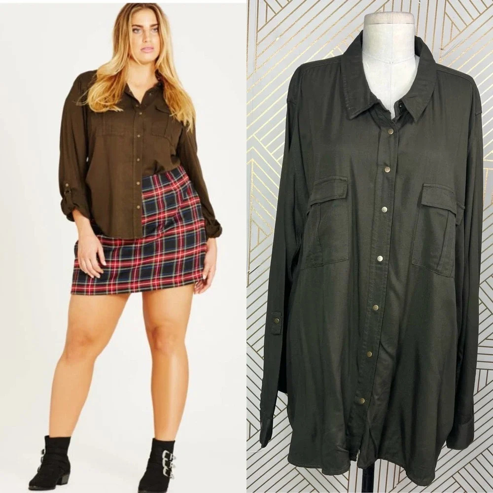 City Chic Thyme Miss Military Shirt Green Size XL /‎ Plus Size 22